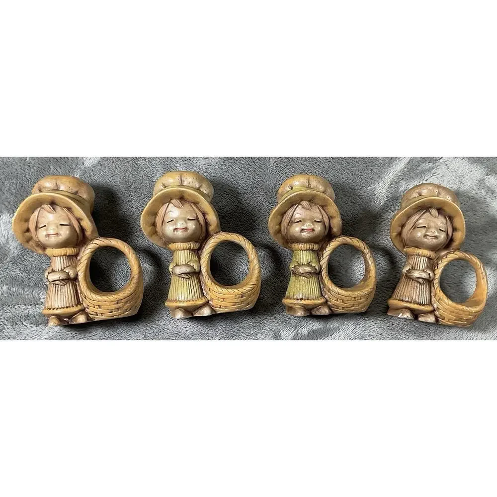 Vintage Ceramic Boy(6) & Girl(4) Napkin Rings Set Of 10 Green Brown Farmhouse